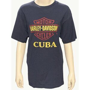 Graphic T Shirt Navy Blue Short Sleeve Med Cotton Mans Tee Harley Davidson Cuba